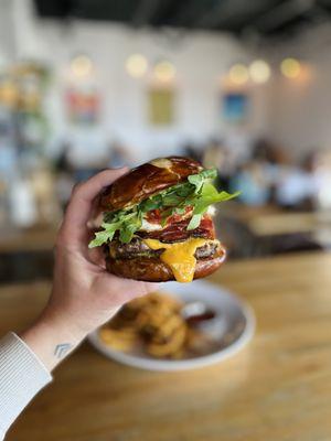 Build Your Own Burger on a housemade pretzel bun (vegan available)