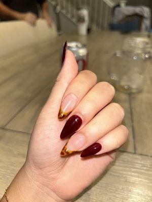 Stiletto, burgundy red nails, with a tortoise tip nails! Nails by anna