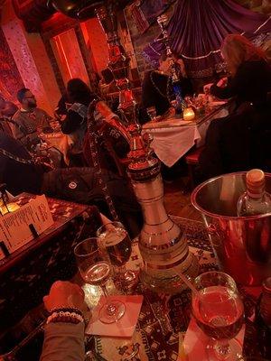 Hookah; watermelon mint  Pinot Grigio wine  Cute, cozy environment