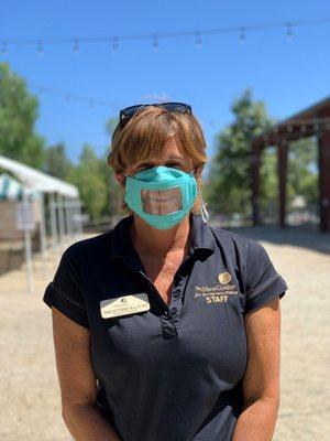 Using a clear mask is helping my patient's imitate speech sound.