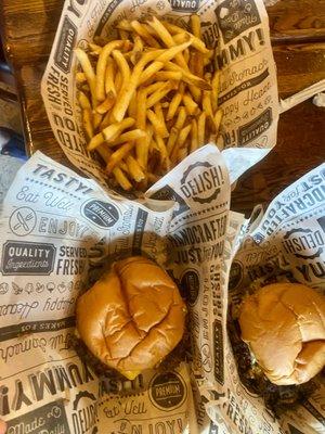 Classic Cheeseburger, Fries , and Grilled Onion Burger!! This was my boy's favorite. So Delicious!