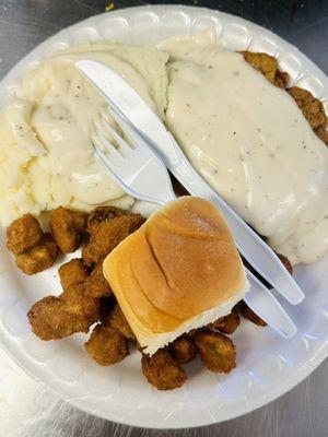 Single Chicken Fried Steak, Okra, Mashed Potatoes.