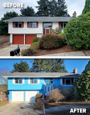 Before & After photo with minor siding repair & new Sherwin-Williams paint. Gresham, Oregon