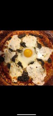 White pizza with pesto and egg!