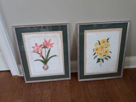 stamped florals on cotton paper framed with pewter-toned frames