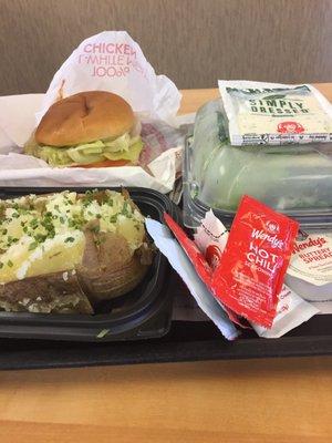 Veggies burger no meat plus baked potato and side salad