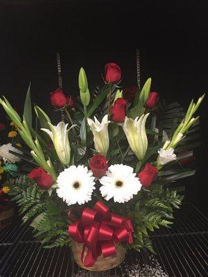 Mixed flower basket, Red Roses, Lilies, and Gerberas..