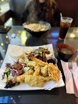 Beef Bulgogi, Shrimp Tempura & Vegetable Tempura Dinner Combination.