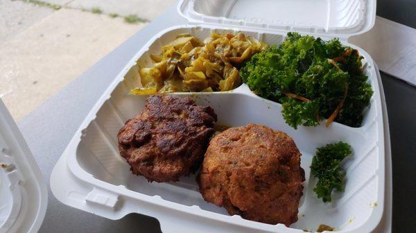 crab cakes, kale, and curry cabbage