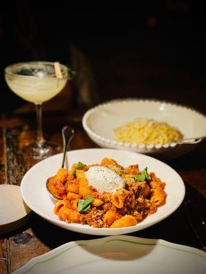 Mezze Rigatoni, Tonnarelli Cacio E Pepe (in the background)