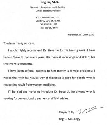 Recommend letter from Dr.Jing Lu MD OBGY.