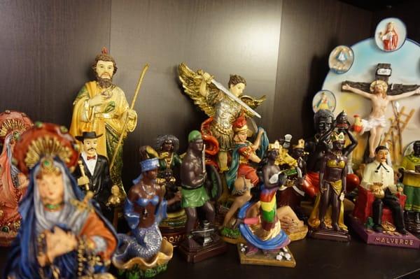 Statues of Orishas, Jesus Malverde, Martha Dominadora, Oshun, Yemaya and 7 African Powers. Botanica San Jose religious store.