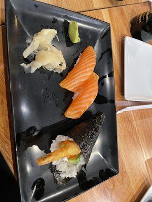 Salmon Nigiri and Shrimp Tempura Hand Roll