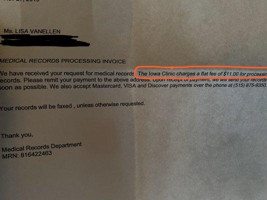 Letter from Iowa Clinic regarding charging for my own medical records.