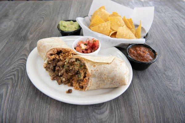 Regular Steak Burrito with Chips and Salsa 
*Pico and Guac are additional