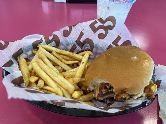 Pimento Cheeseburger with Fries and a Strawberry Shake