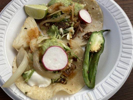 Fish Taco ($4) + Carnitas Taco ($3)