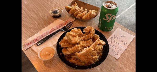 Crispy fried chicken don and gyozas