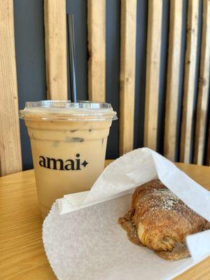 Honeycomb latte and matcha almond croissant