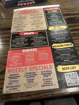 sandwich/wraps and weekly specials menu.