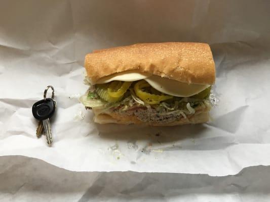 This is the 6" tuna with pickles and banana peppers added. I included the keys for reference of size. cost is $5.50 + tax