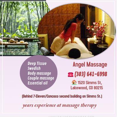 Angel Massage
1520 Simms St, Lakewood, CO 80215
Behind 7-Eleven/Concoco second building on Simms St.
Phone: (303) 641-6998