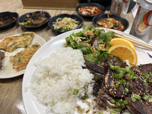 B.B.Q. rib special (rice, salad, meats!), side dishes (pancake, kimchi, cucumbers, sprouts...good. brown jelly substance was new to me