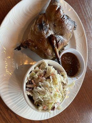 Smoked half chicken with pecan bbq sauce & coleslaw