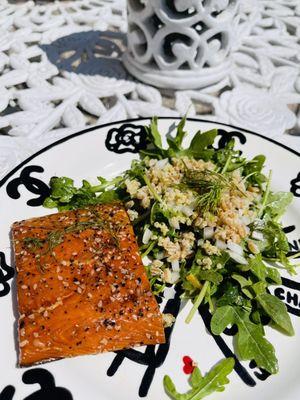 Wild smoked salmon arugula farro quinoa orange vinaigrette salad