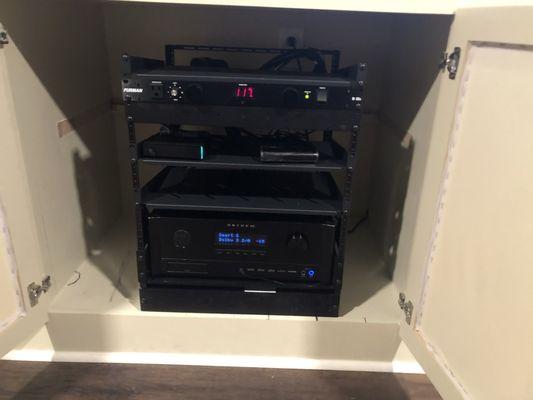 Custom Built Pull out and Rotating Rack with an Anthem 740 AVR feeding 9 speakers for Dolby Atmos Surround Sound. controlled by URC