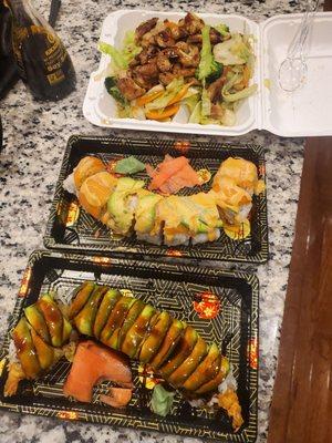 A few delicious sushi rolls and chicken and veggies only