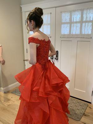 Bustled red dress, they also took in the side and added more interior hooks for better security