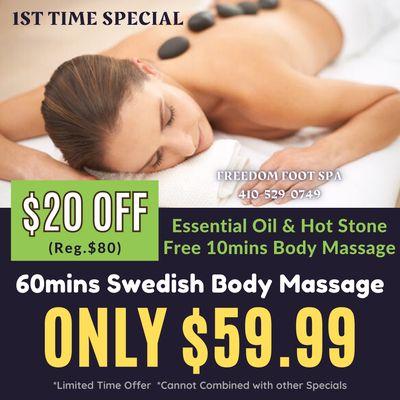 60mins Custom Swedish Body Massage $20 OFF