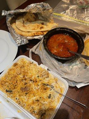 Chicken Biryani, lamb nihari, and naan