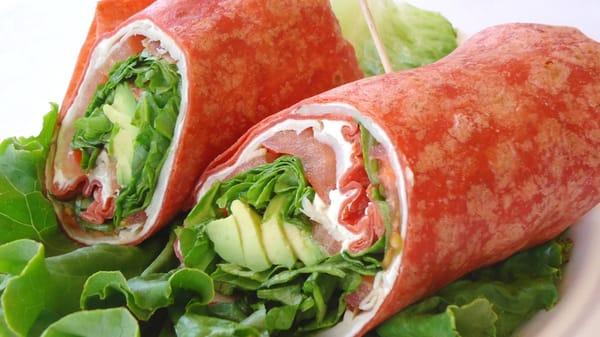 "California Wrap" with turkey, bacon, avocado, cream cheese, tomatoes and ranch dressing