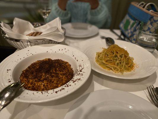 Pasta Cruzza cun Arrizonis (sea urchin tomato grated tuna heart) & Spaghittusu cun Allu Ollu e Bottariga (spicy oil garlic cured fish roe)