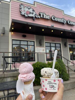 Strawberry Fields Forever Ice Cream in a cone & Minty Chocolate Chippy Ice Cream with Coffee Cookie Crunch Ice Cream (VEGAN) in a cup