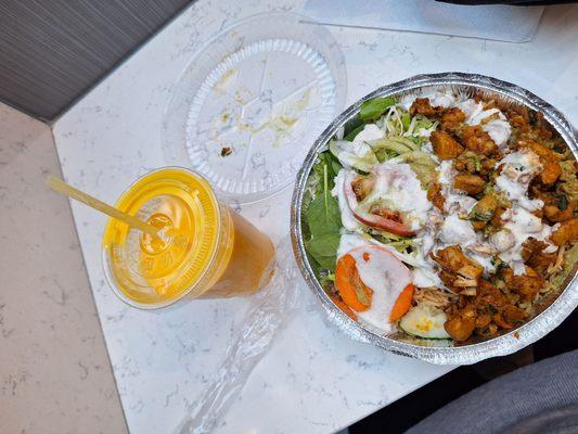 Mango Lassi and chicken shawarma bowl