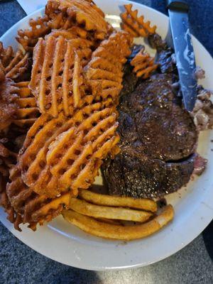 Ribeye and sweet potato fries.