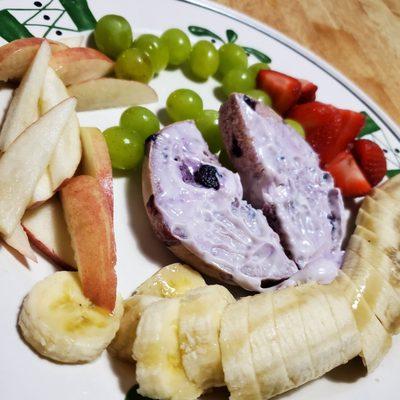 Fruit on a Plate with Blueberry bagel & Blueberry cream cheese