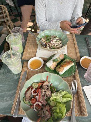 Spicy beef salad, Summer rolls, Rose chicken salad