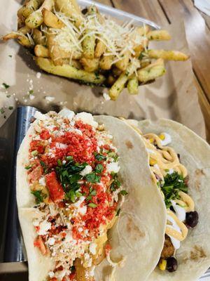 Parmesan fries, fried avocado taco, elote chicken taco