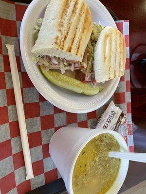 Tony's sandwich panini style and Matzo Ball soup