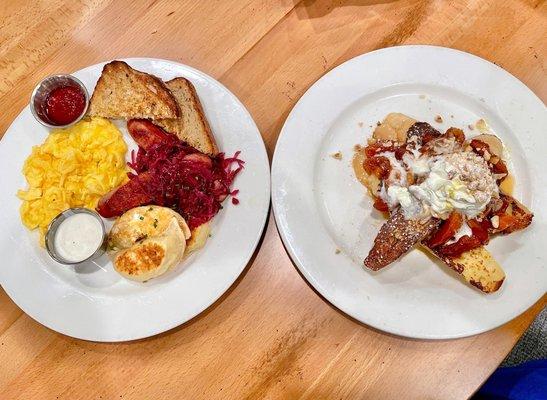 Pierogis, Eggs & Sausage; Maple Peach French Toast