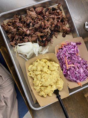 Chopped lean brisket plate with macaroni and cheese and coleslaw