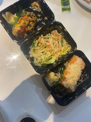 Eel roll, Spicy Kani salad, and Salmon crunchy roll.