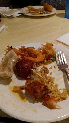 Chicken meatballs, head-on shrimp and fried rice