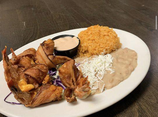 Camarones Momias (w/ secret sauce) Rice and Beans