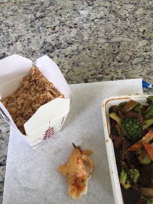 Beef and Broccoli, Fried Rice, and Tempura fried Shrimp