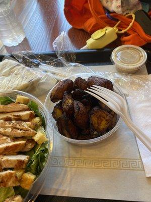 Maduros and Chicken Caesar Salad